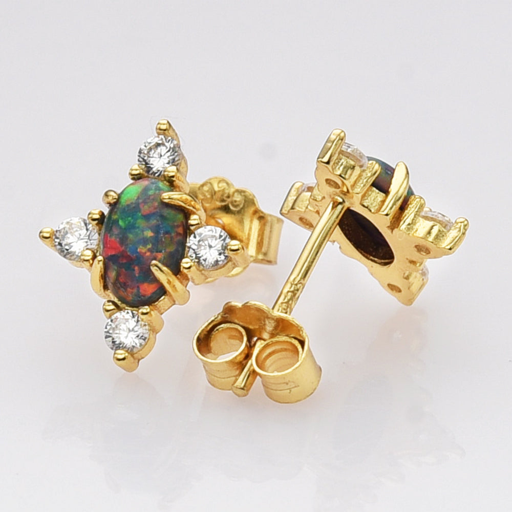 Gold Plated Oval Black Opal Stud Earrings, 925 Sterling Silver, CZ Jewelry Earrings SS289-1