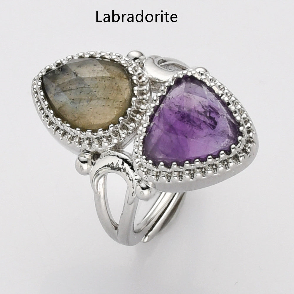 Labradorite Ring, Unique Triangle Amethyst & Teardrop Gemstone Ring, Silver Plated, Faceted Stone Ring, Adjustable, Crystal Jewelry WX2234