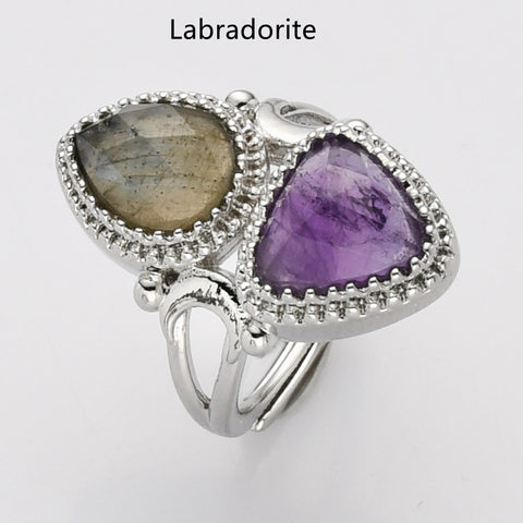 Unique Triangle Amethyst & Teardrop Gemstone Ring, Silver Plated, Faceted Stone Ring, Adjustable, Crystal Jewelry WX2234