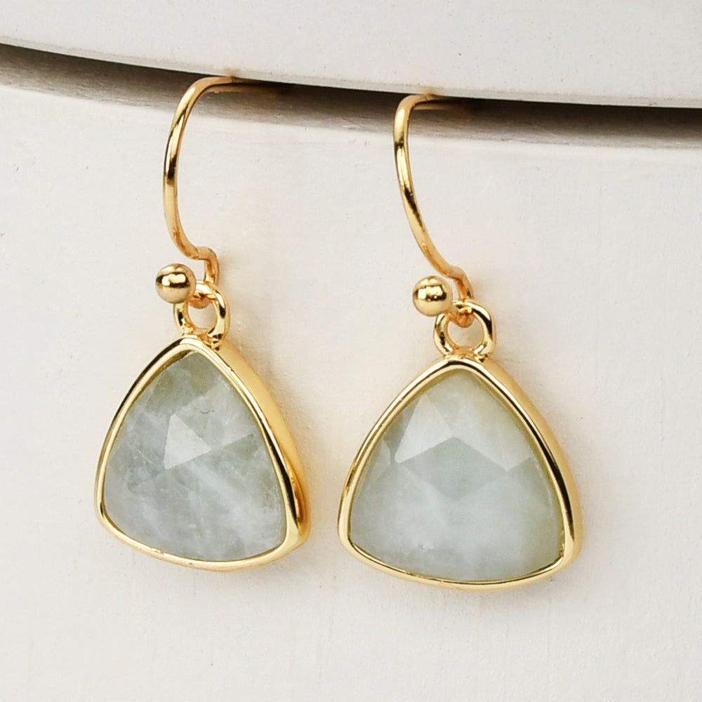 gold triangle aquamarine earrings, gemstone jewelry
