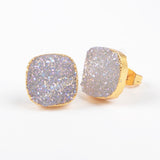 Square 12mm Natural Titanium AB White Druzy Stud Earrings Gold Plated Jewelry G0880