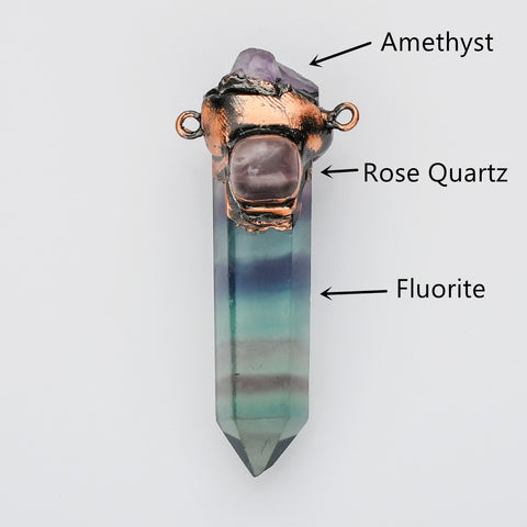 Copper Natural Rainbow Fluorite & Amethyst & Rose Quartz Connector, Hexagon Point Crystal Jewelry WX2212