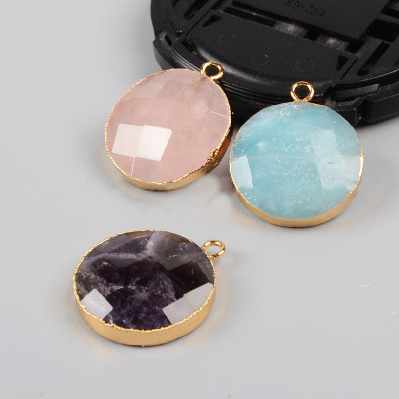 Gold Plated Round 20mm Amethyst Rose Quartz Amazonite Faceted Charm G0948