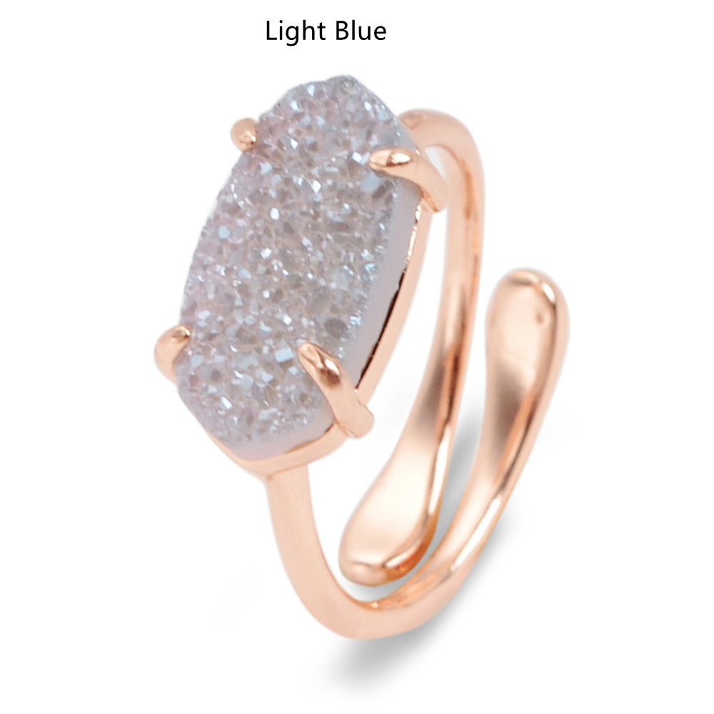 light blue druzy ring, Rose Gold Claw Hexagon Titanium Druzy Ring, Adjustable, Agate Drusy Gemstone Ring, Boho Jewelry ZG0320