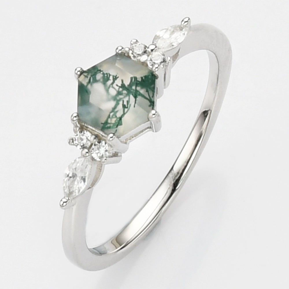 Sterling Silver White Diamond Hexagon Natural Moss Agate Faceted Ring, Fashion Gemstone Jewelry SS277