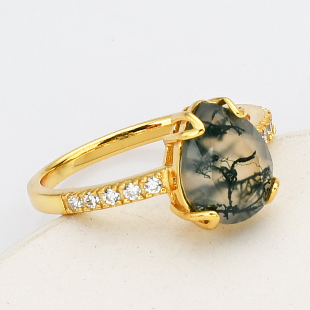Gold Sterling Silver Drop Natural Moss Agate Ring, CZ Micro Pave SS267-1