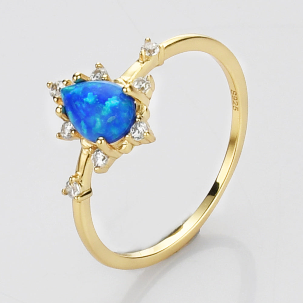 CZ Blue Opal Ring, Gold S925 Sterling Silver Claw Opal Ring, CZ Micro Pave, Teardrop Fire Opal Jewelry SS264, Gemstone Ring, Gift for women, 