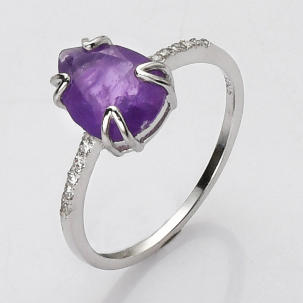 S925 Sterling Silver Claw Amethyst Ring, CZ Micro Pave, Teardrop Faceted Gemstone Crystal Ring, Birthstone Jewelry SS265