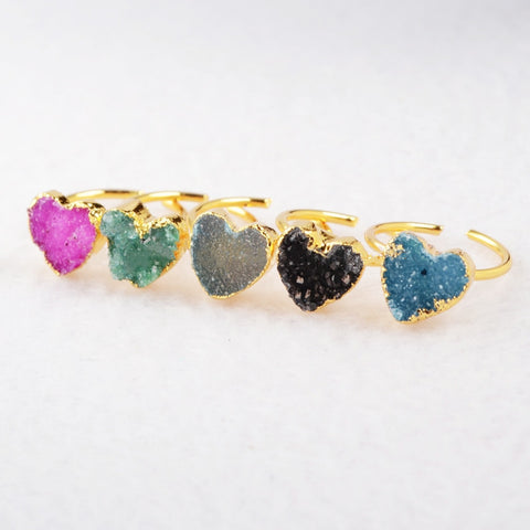 Tiny Small Size Rainbow Heart Druzy Geode Adjustable Knuckle Ring Gold Plated G0600