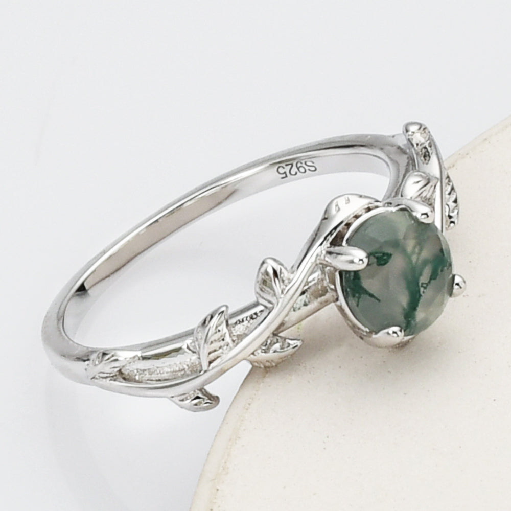 925 Sterling Silver Round Natural Moss Agate Statement Ring, Silver Leaf Ring SS268-2