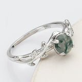 925 Sterling Silver Round Natural Moss Agate CZ Leaf Ring SS268-2