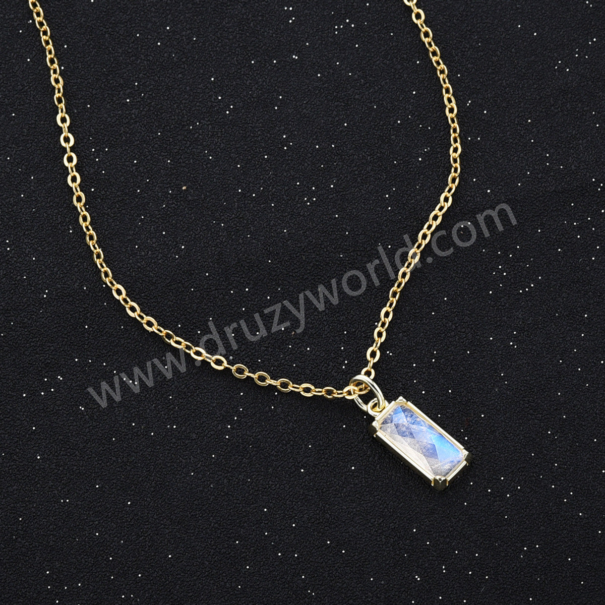 16" Rectangle Gold Plated Bezel Natural Moon Stone Faceted Pendant Necklace, Healing Crystal Jewelry ZG0523