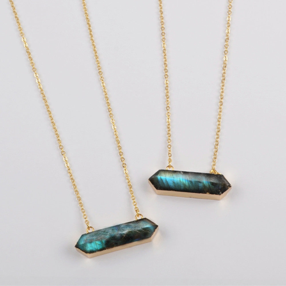 Gold Plated Hexagon Natural Labradorite Terminated Point Connector Charms Necklace G1869