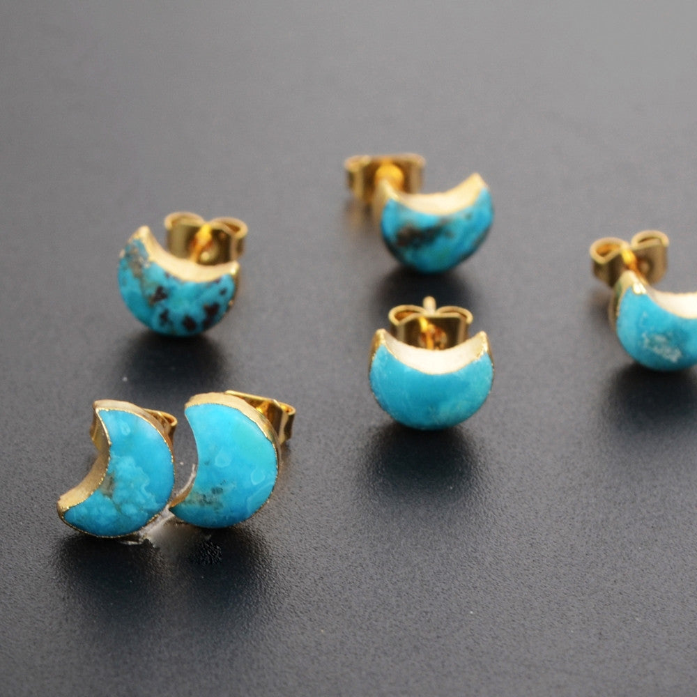 Gold Plated Crescent Moon 8mm Natural Turquoise Stud Earrings G1225