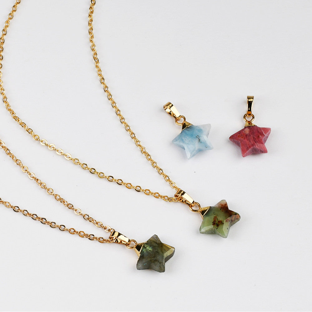 18“ Gold Plated Multi Natural Gemstone Faceted Star Pendant Necklace G2074-N