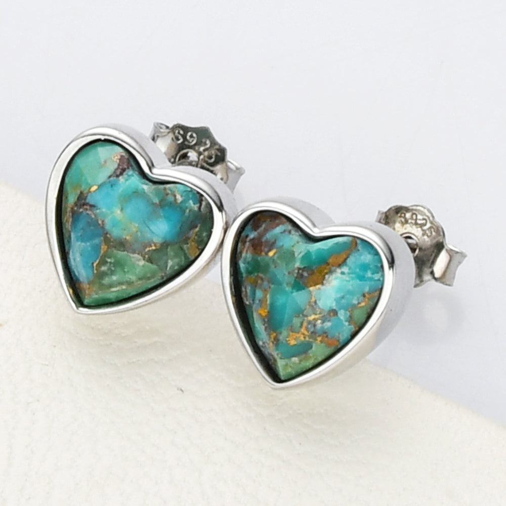 silver copper turquoise heart stud earrings, S925 Sterling Silver Bezel Moonstone Heart Stud Earrings, Faceted Gemstone Crystal Earring, Birthstone Jewelry SS261