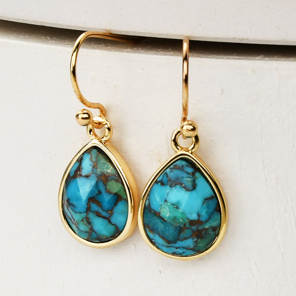 gold teardrop copper turquoise earrings, gemstone jewelry, healing crystal earrings, birthstone earrings, boho jewelry, gift for women