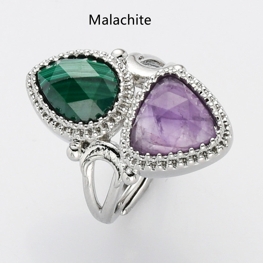 Malachite Ring, Unique Triangle Amethyst & Teardrop Gemstone Ring, Silver Plated, Faceted Stone Ring, Adjustable, Crystal Jewelry WX2234