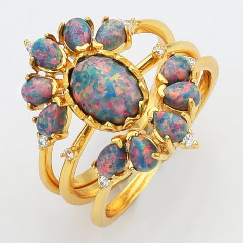 Unique Gold Black Opal Three Piece Set Ring, 925 Sterling Silver, CZ Pave Jewelry SS273-3