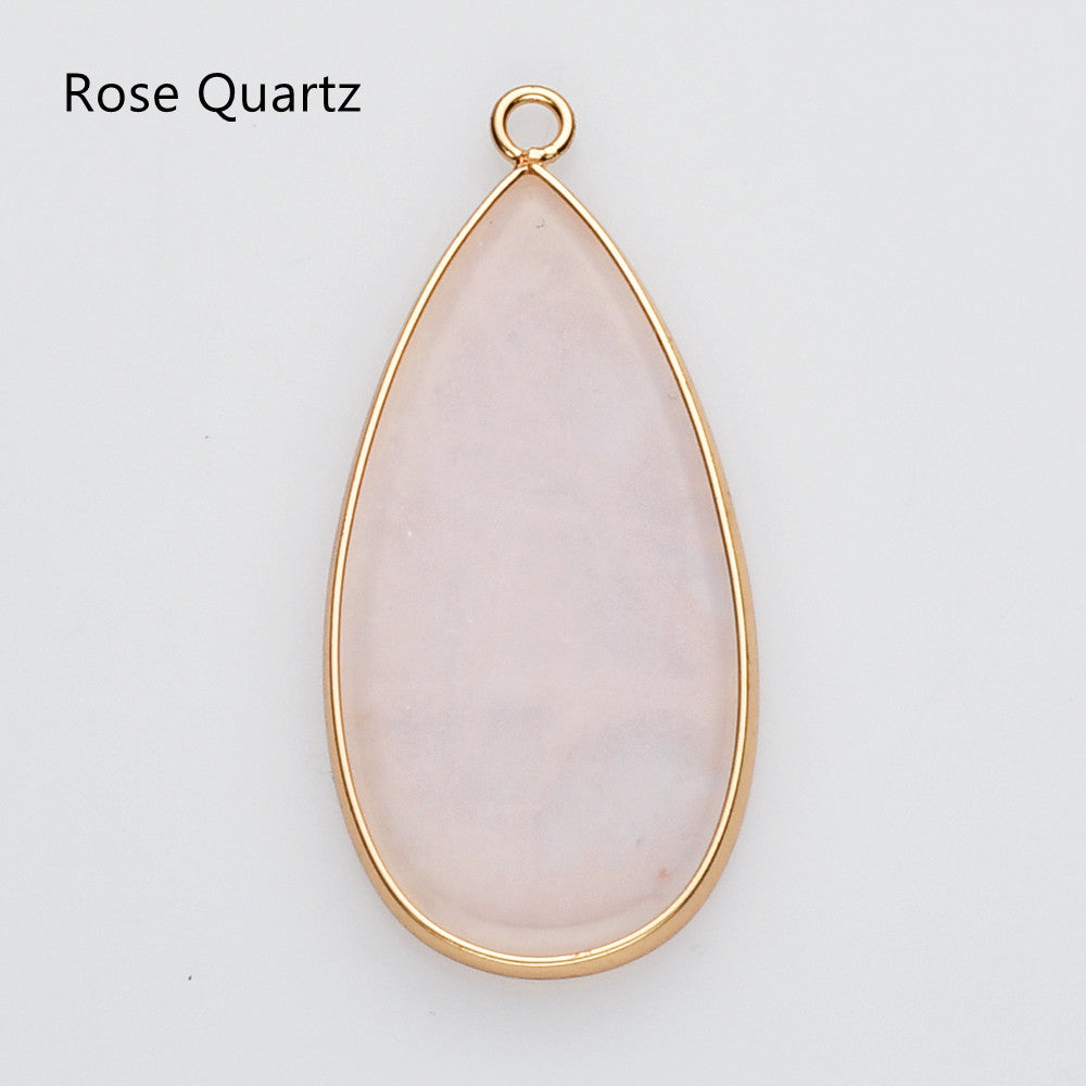 Rose Quartz Charm, Teardrop Gold Multi Gemstone Pendant Bead, Amethyst Jasper Stone Charm, Wholesale Supply WX2216