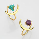 Gold Plated Birthstone Star Moon Ring, Raw Amethyst Crystal Ring, Adjustable Open Ring, Fashion Gemstone Jewelry AL639