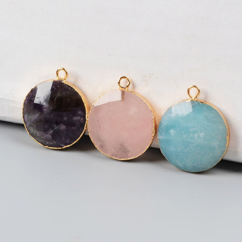 Gold Plated Round Natural Amethyst Rose Quartz Amazonite Faceted Charm G0948