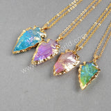 16" Gold Plated Rainbow Arrowhead Titanium Raw Aqua Crystal Quartz Necklace G0525-N