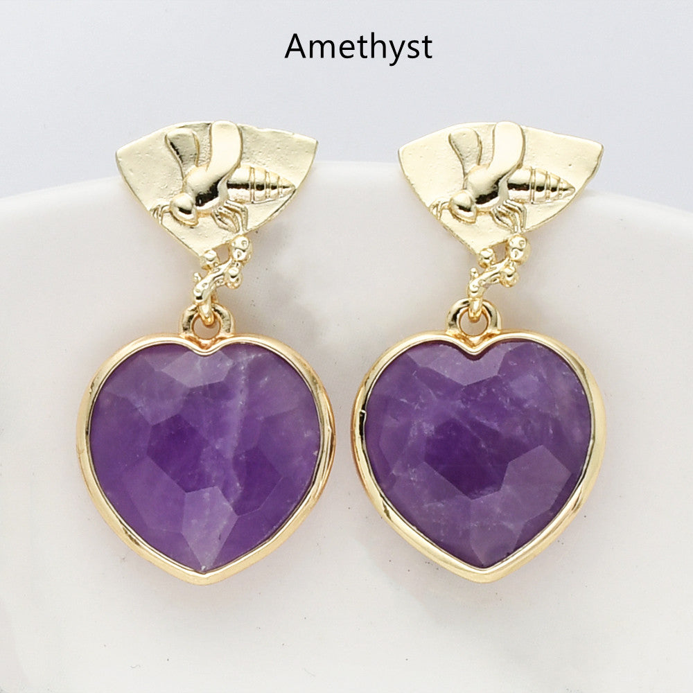 Amethyst Gold Bee Earrings, Gemstone Heart Earrings, Gold Bee Studs, Faceted, Birthstone Earring, Healing Crystal Quartz Earring, Fashion Jewelry For Women