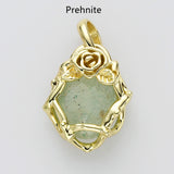 Unique Gold Plated Rose Flower Oval Gemtone Pendant, Polished Egg Stone Pendant, Healing Crystal Jewelry WX2227