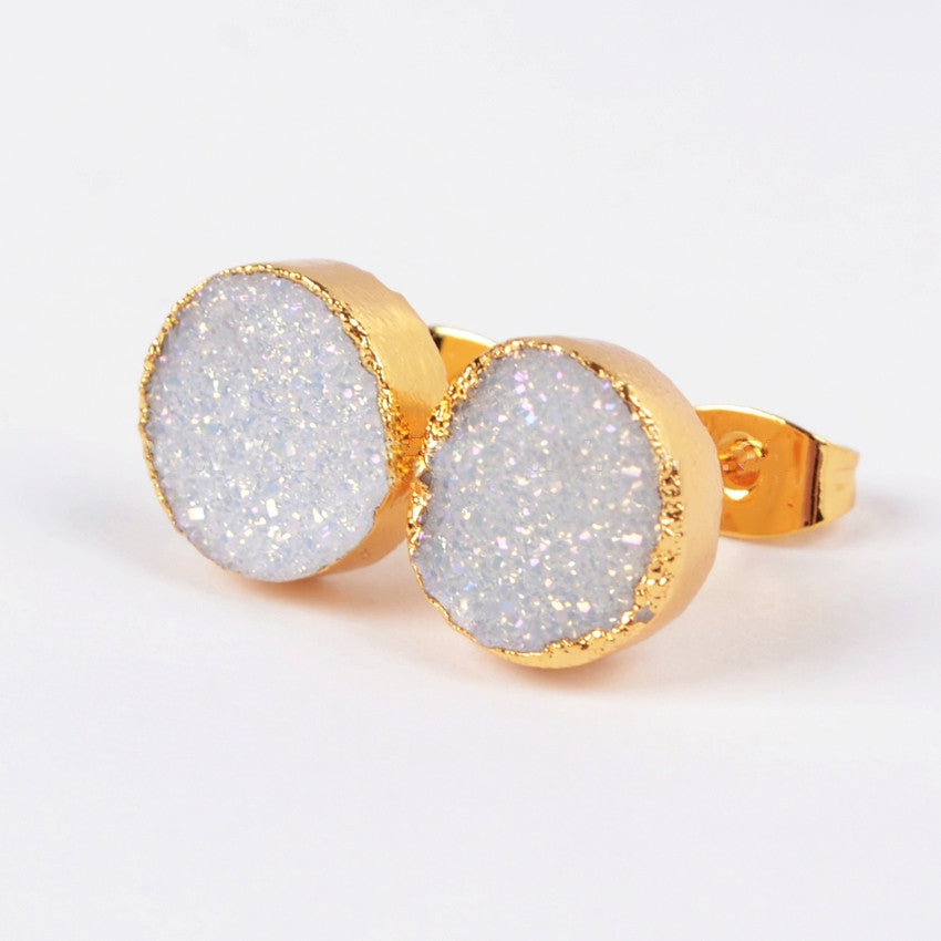 Gold Plated Round 10mm Natural Agate Titanium AB White Druzy Geode Stud Earrings G0681