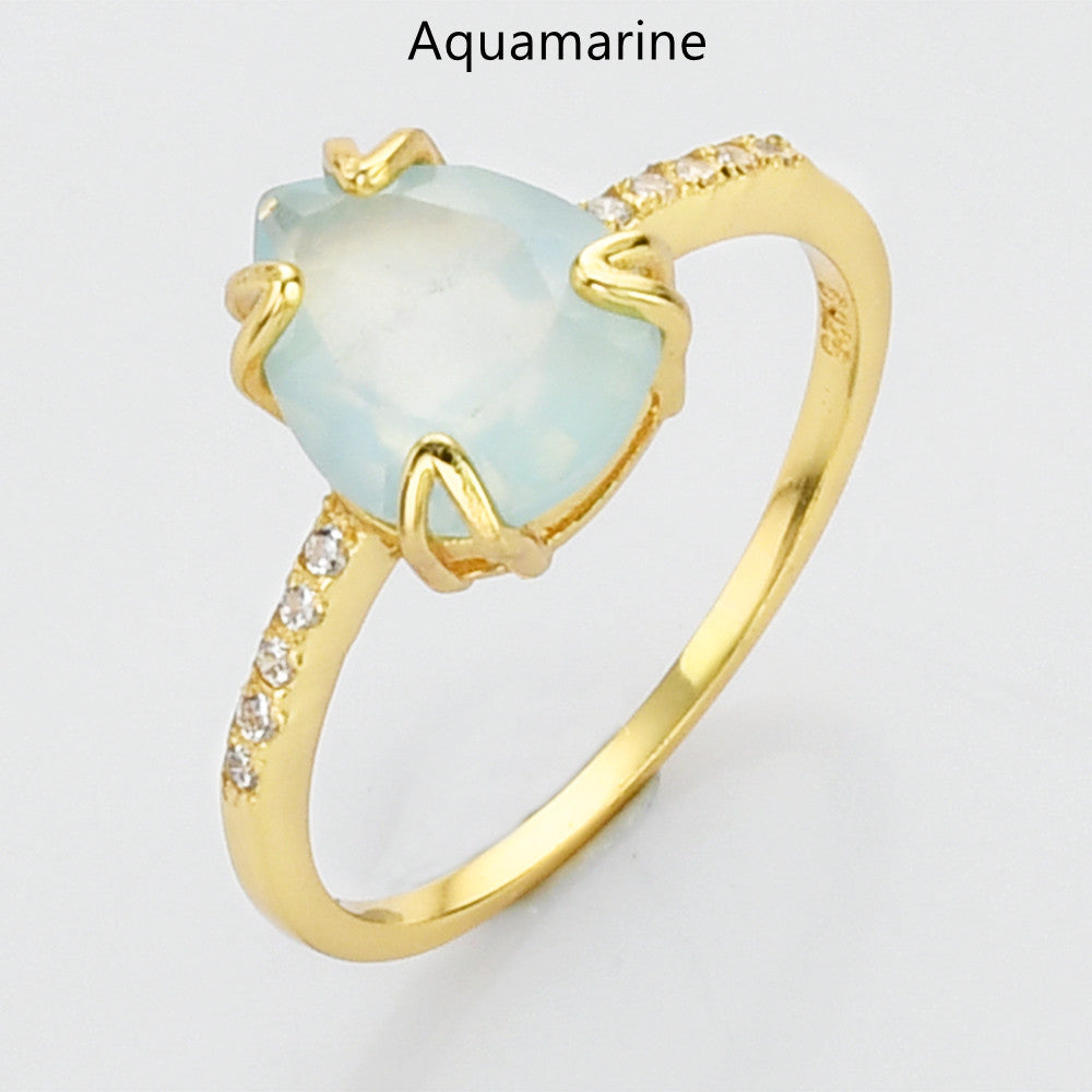 Aquamarine Teardrop Gold Multi Gemstone CZ Ring, Faceted Birthstone Ring, Healing Crystal Stone Ring, Simple Fashion Jewelry For Women SS257