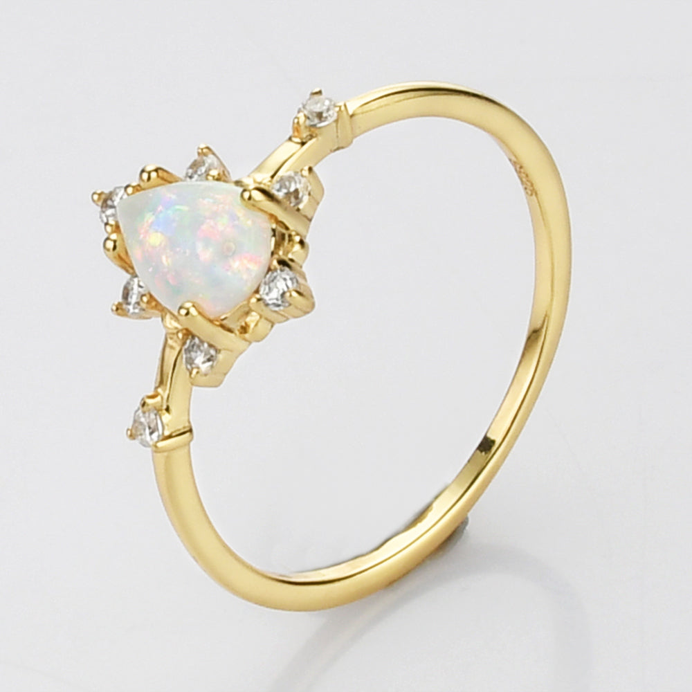 CZ White Opal Ring, Gold S925 Sterling Silver Claw Opal Ring, CZ Micro Pave, Teardrop Fire Opal Jewelry SS264, Gift for women, 
