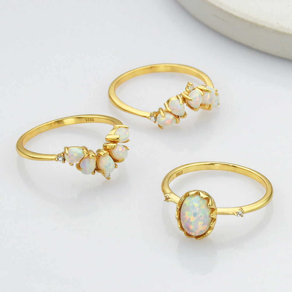 Unique Gold Plated White Opal Three Piece Set Ring, 925 Sterling Silver, CZ Pave Jewelry SS272-3 Flower Ring 