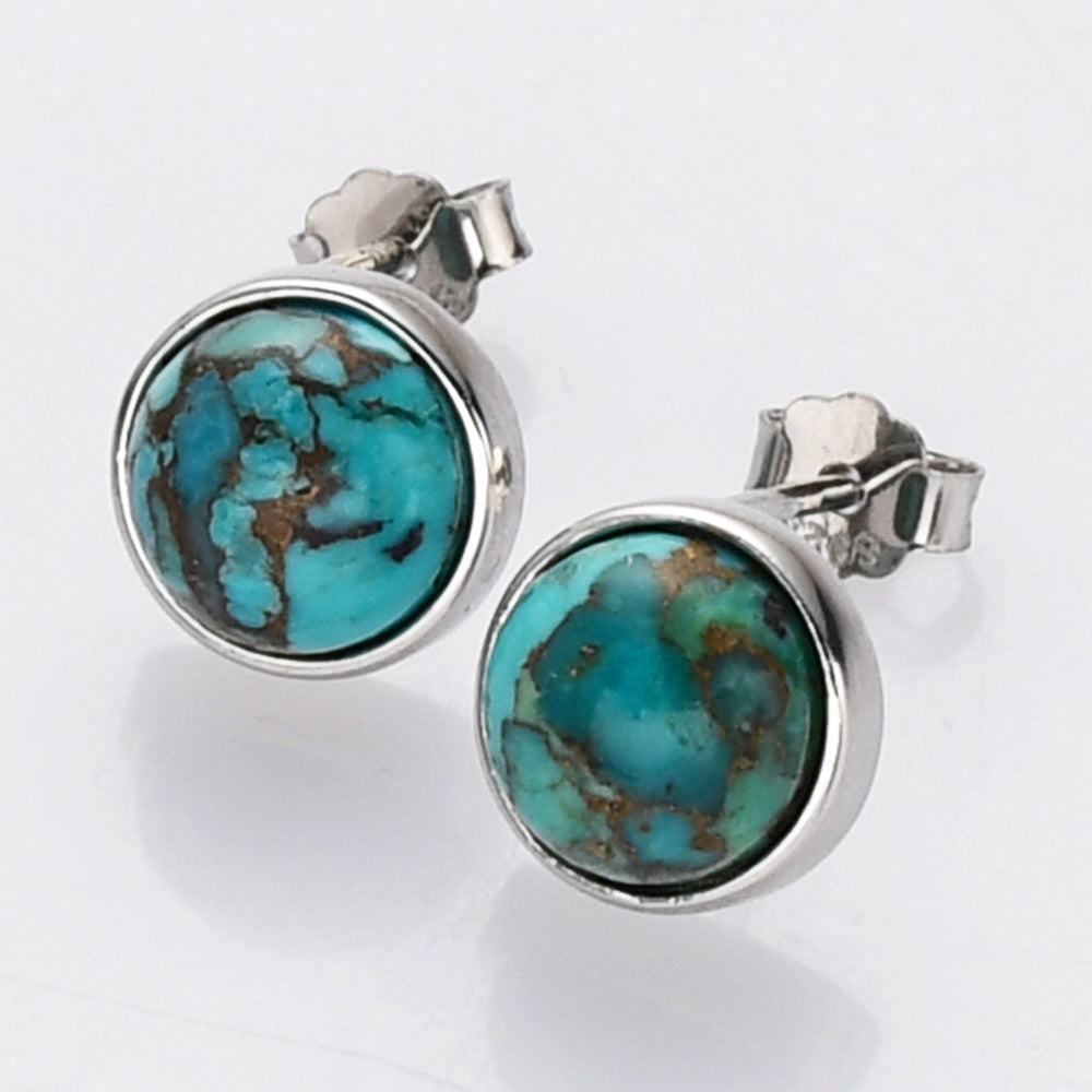 silver copper turquoise stud earrings, S925 Sterling Silver Bezel Round Copper Turquoise Stud Earrings, Gemstone Crystal Earring, Birthstone Jewelry SS262