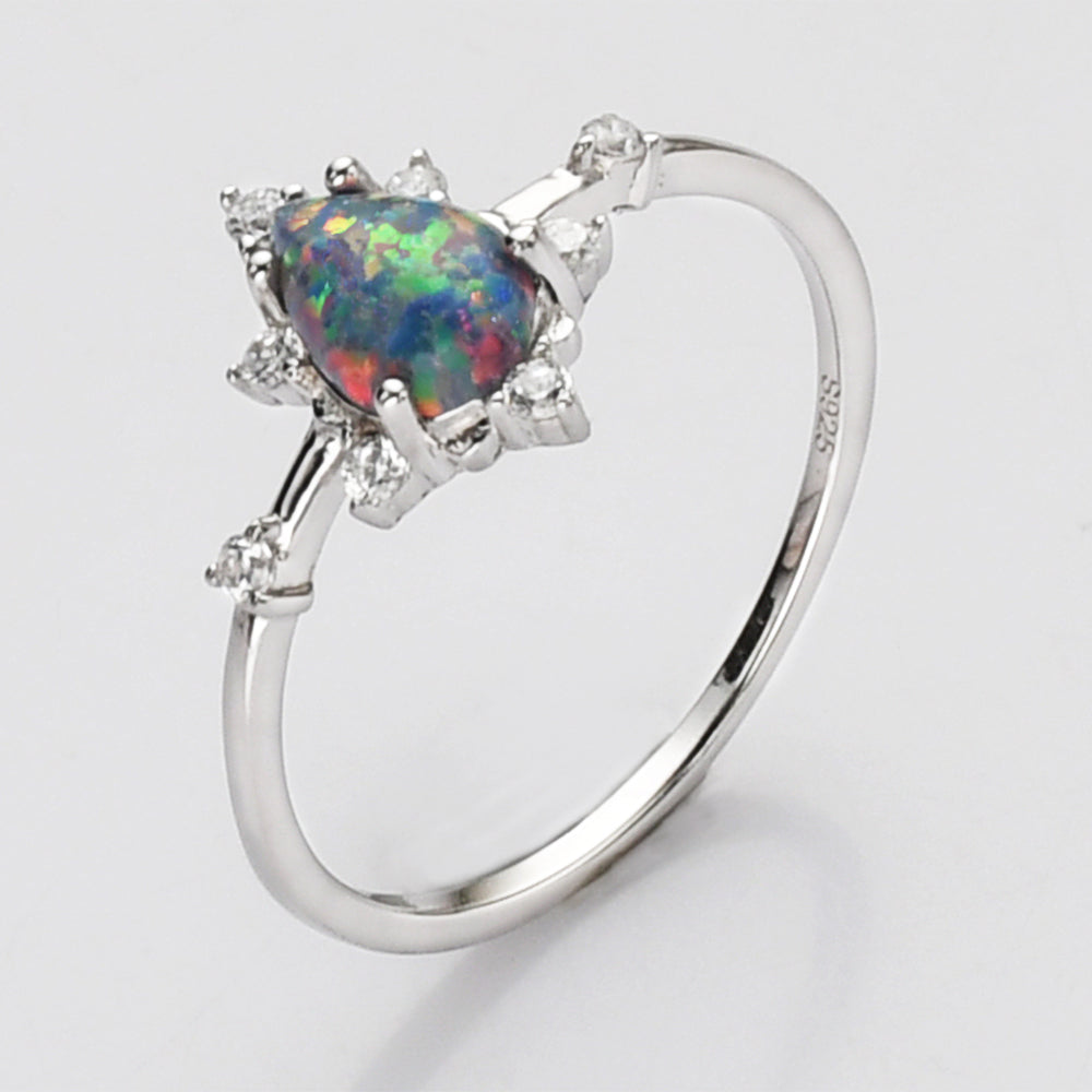 silver CZ red opal ring, S925 Sterling Silver Opal Rings, CZ Micro Pave, Teardrop Fire Opal Jewelry SS266