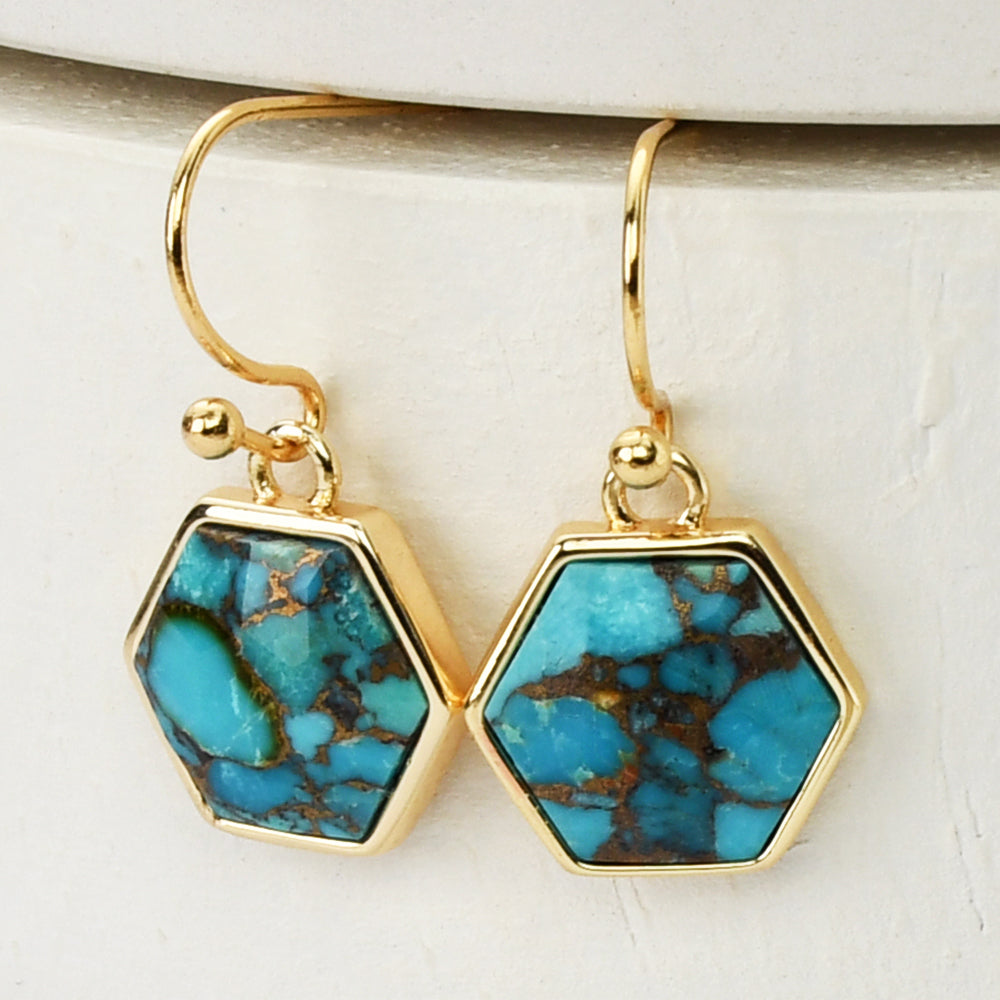 gold hexagon copper turquoise earrings, gemstone earrings