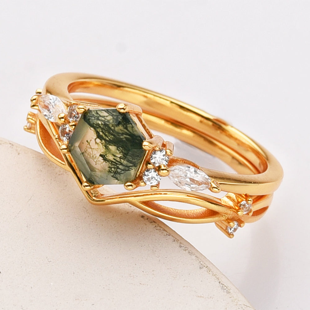Gold White CZ Hexagon Natural Moss Agate Faceted Three-Piece Ring Set, Sterling Silver Ring Jewelry SS276-2