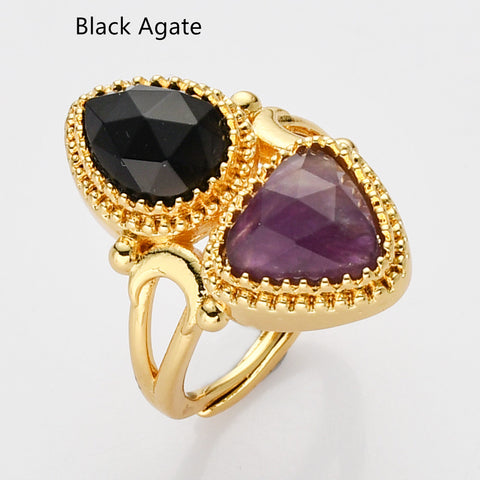 Unique Triangle Amethyst & Teardrop Gemstone Ring, Gold Plated, Faceted Stone Ring, Adjustable, Crystal Jewelry WX2231