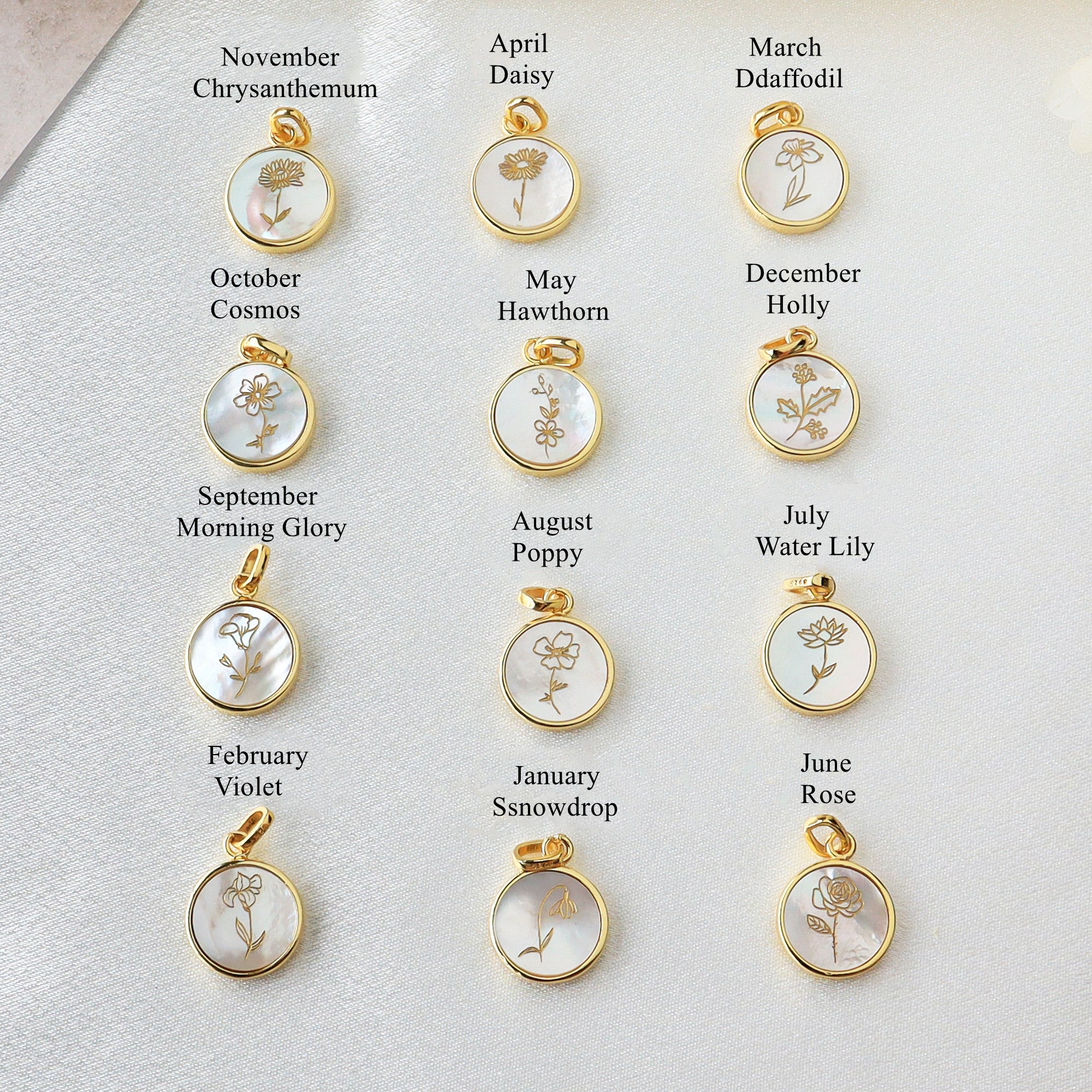 16" Gold Plated Round White Shell Carved Birth Month Flower Necklace, Beach Shell Jewelry KZ009