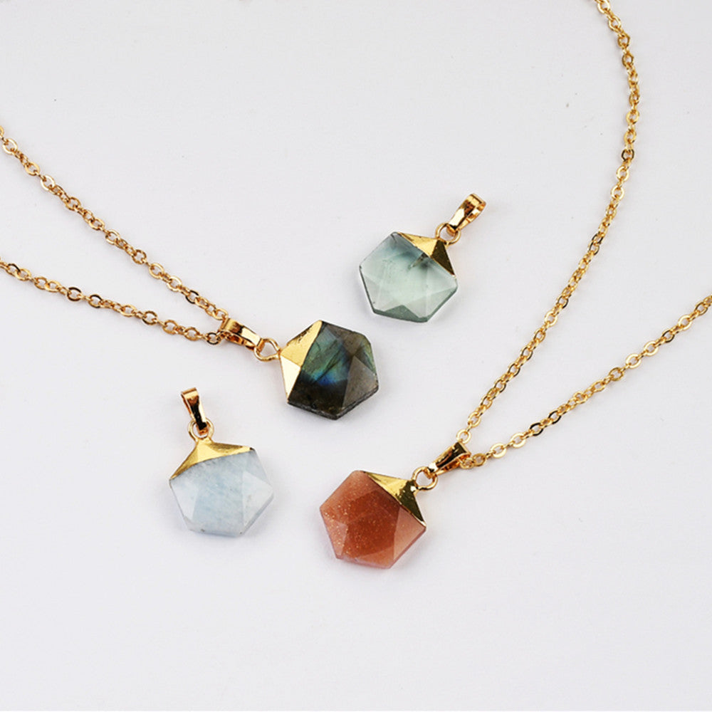 18"  Gold Plated Hexagon Rainbow Gemstone Faceted Pendant Necklace G2072-N