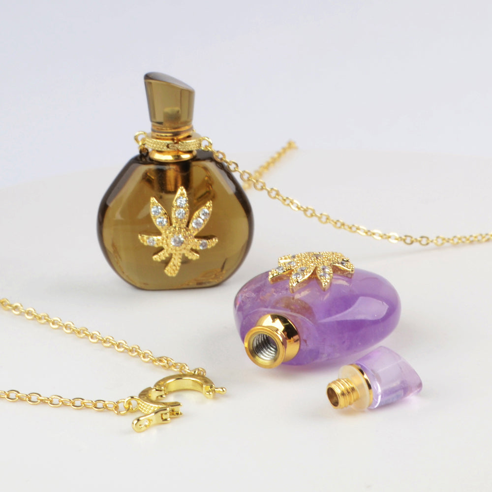 Natural Gemstone Quartz Perfume Essence Oil Bottle 18K Gold Necklace, Healing Jewelry G1943-N