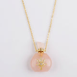 Natural Gemstone Quartz Perfume Essence Oil Bottle 18K Gold Necklace, Healing Jewelry G1943-N