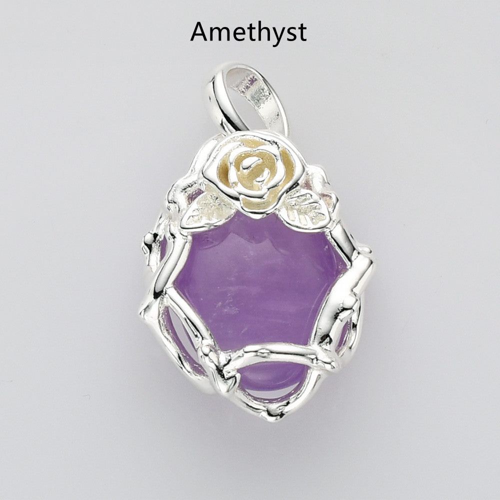 Unique Silver Plated Rose Flower Oval Gemtone Pendant, Polished Egg Stone Pendant, Healing Crystal Jewelry WX2228