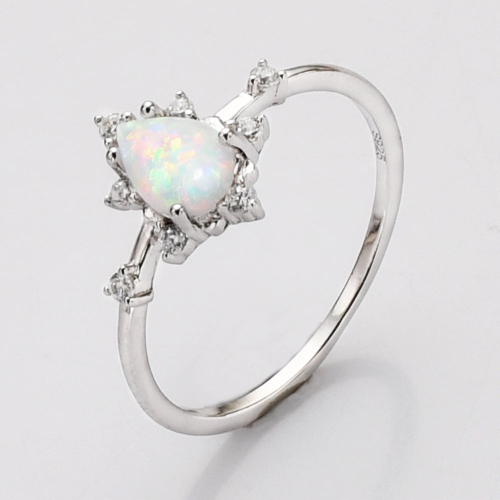 silver CZ white opal ring, S925 Sterling Silver Opal Rings, CZ Micro Pave, Teardrop Fire Opal Jewelry SS266