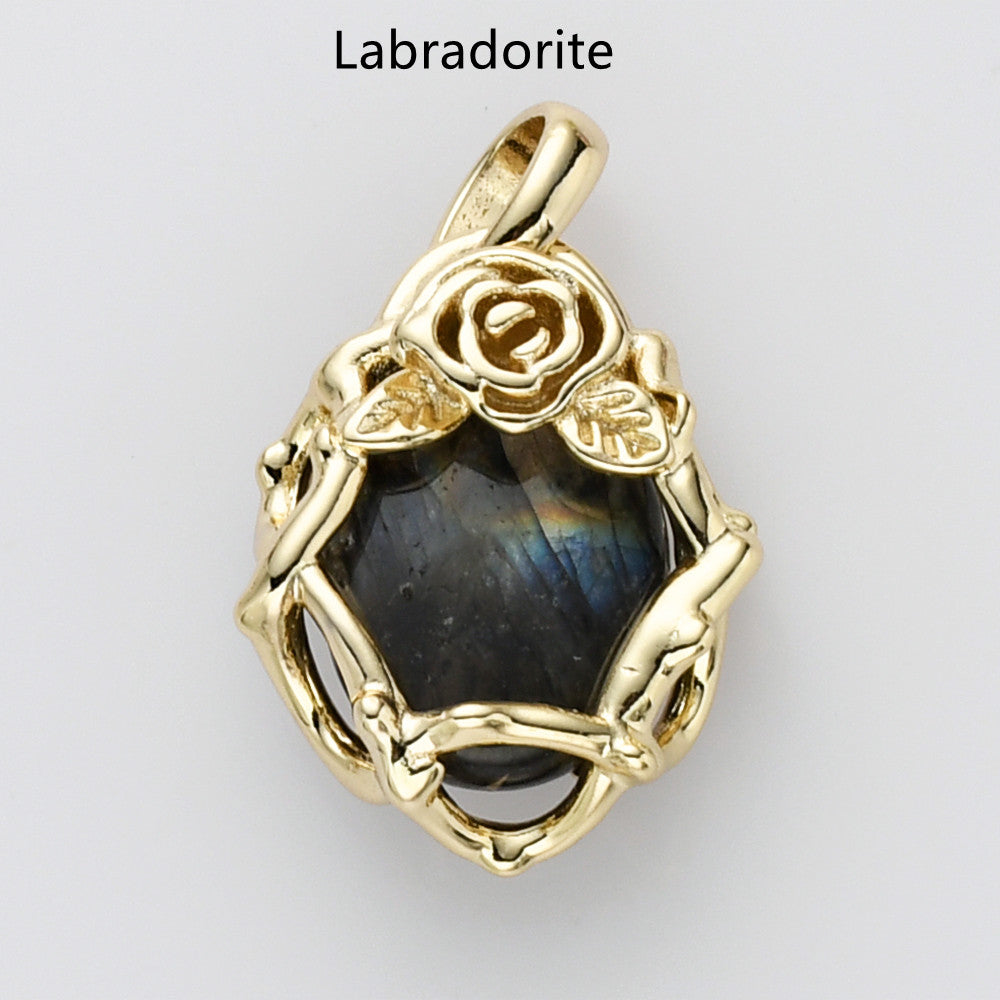 Unique Gold Plated Rose Flower Oval Gemtone Pendant, Polished Egg Stone Pendant, Healing Crystal Jewelry WX2227