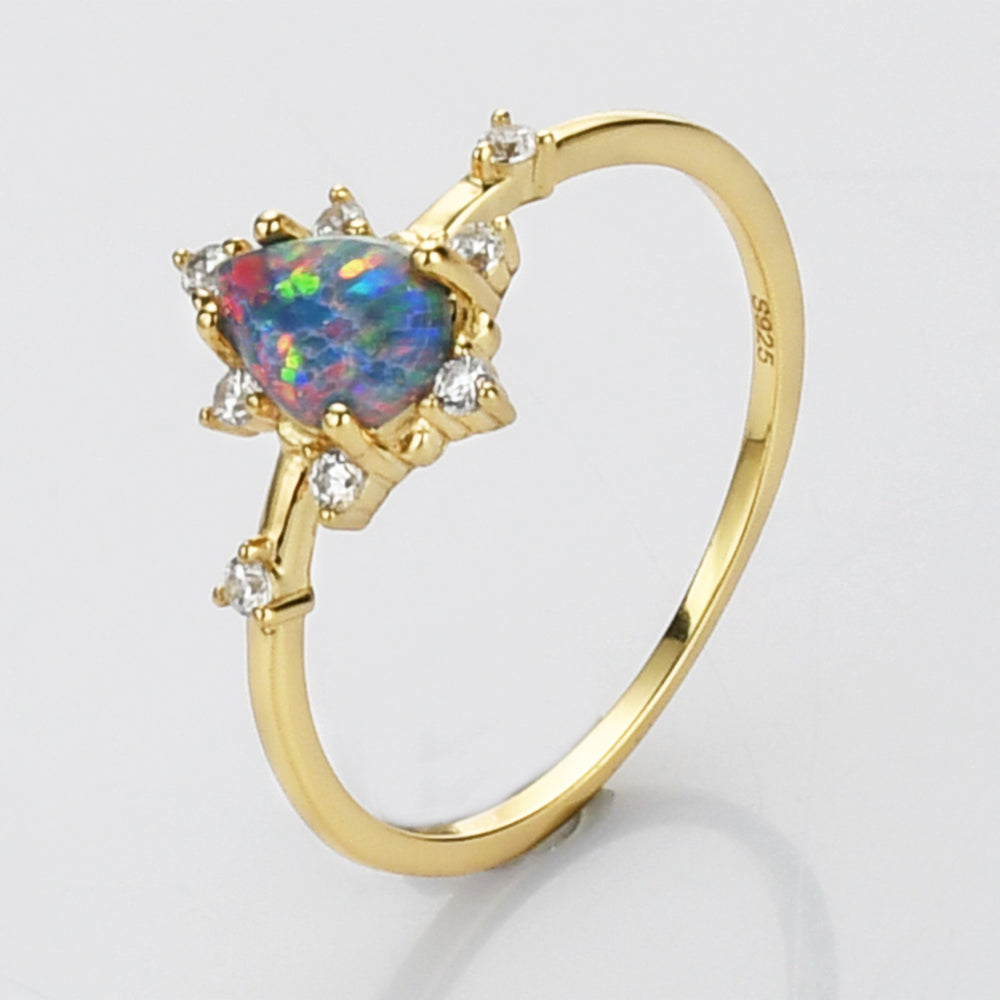 CZ Red Opal Ring, Gold S925 Sterling Silver Claw Opal Ring, CZ Micro Pave, Teardrop Fire Opal Jewelry SS264, Gemstone Ring, Gift for women, 