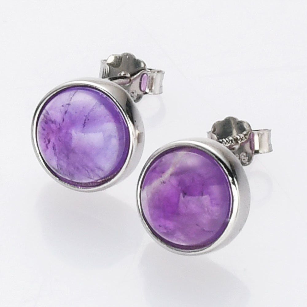 silver amethyst stud earrings, S925 Sterling Silver Bezel Round Copper Turquoise Stud Earrings, Gemstone Crystal Earring, Birthstone Jewelry SS262