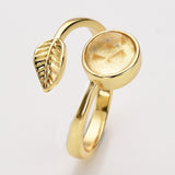 Gold Plated Leaf Round Gemstone Faceted Adjustable Rings, Natural Crystals Rings ZG0533