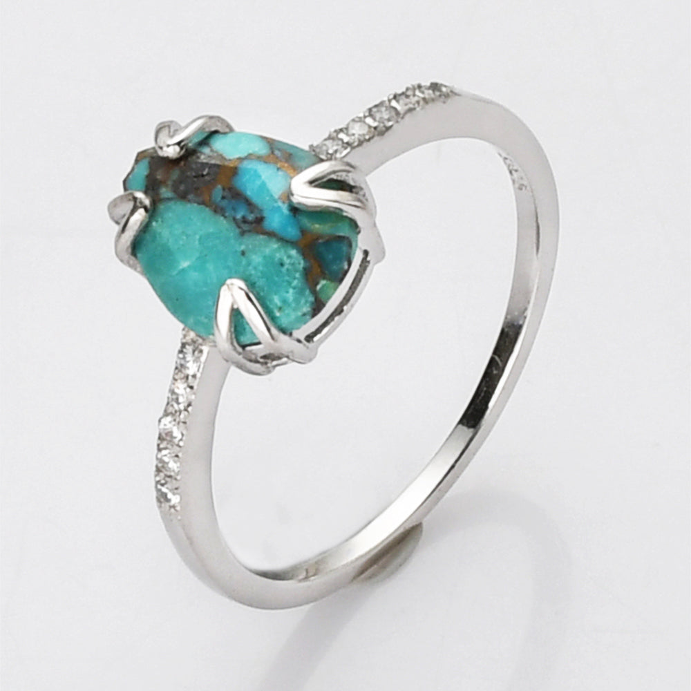S925 Sterling Silver Claw Copper Turquoise Ring, CZ Micro Pave, Teardrop Faceted Gemstone Crystal Ring, Birthstone Jewelry SS265