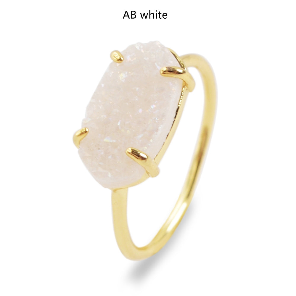 AB white druzy ring, Hexagon Gold Claw Natural Titanium Druzy Ring, Agate Drusy Gemstone Ring, Boho Jewelry ZG0319